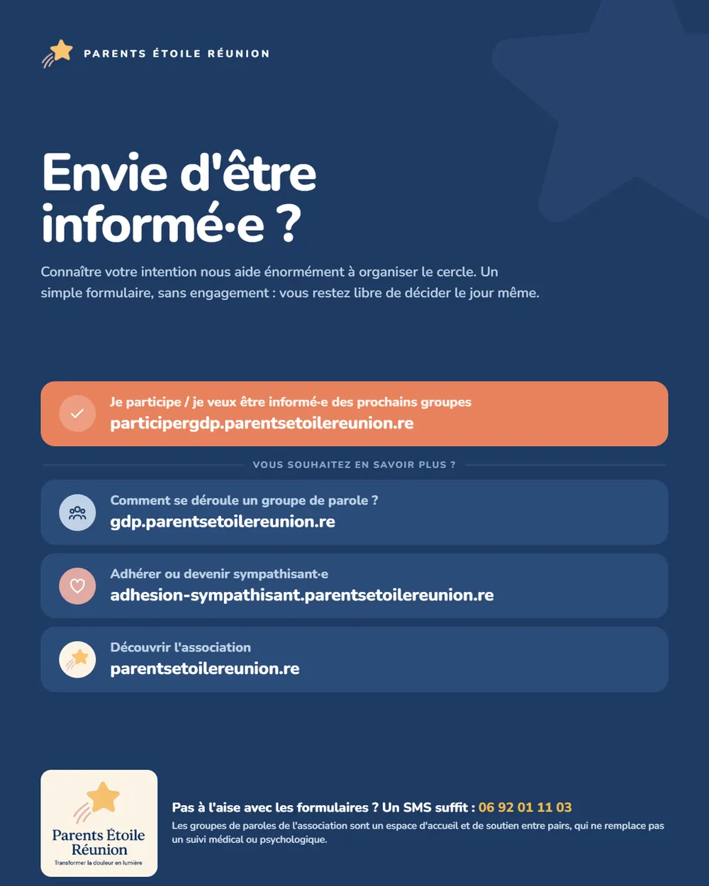 Affiche : envie d’être informé·e ? Formulaire pour participer aux prochains groupes de parole